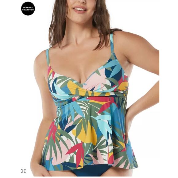 NEW Contours Coco Reef Tankini Top SZ 16 Bra Size 40C Olive Green Blue Tropical - Picture 1 of 12